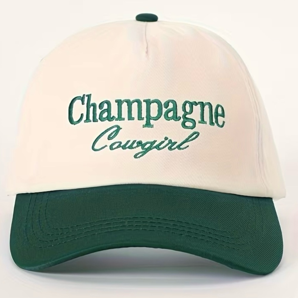 Champagne Cowgirl Embroidered Cap in Cream and Green Baseball Style Hat NWT
